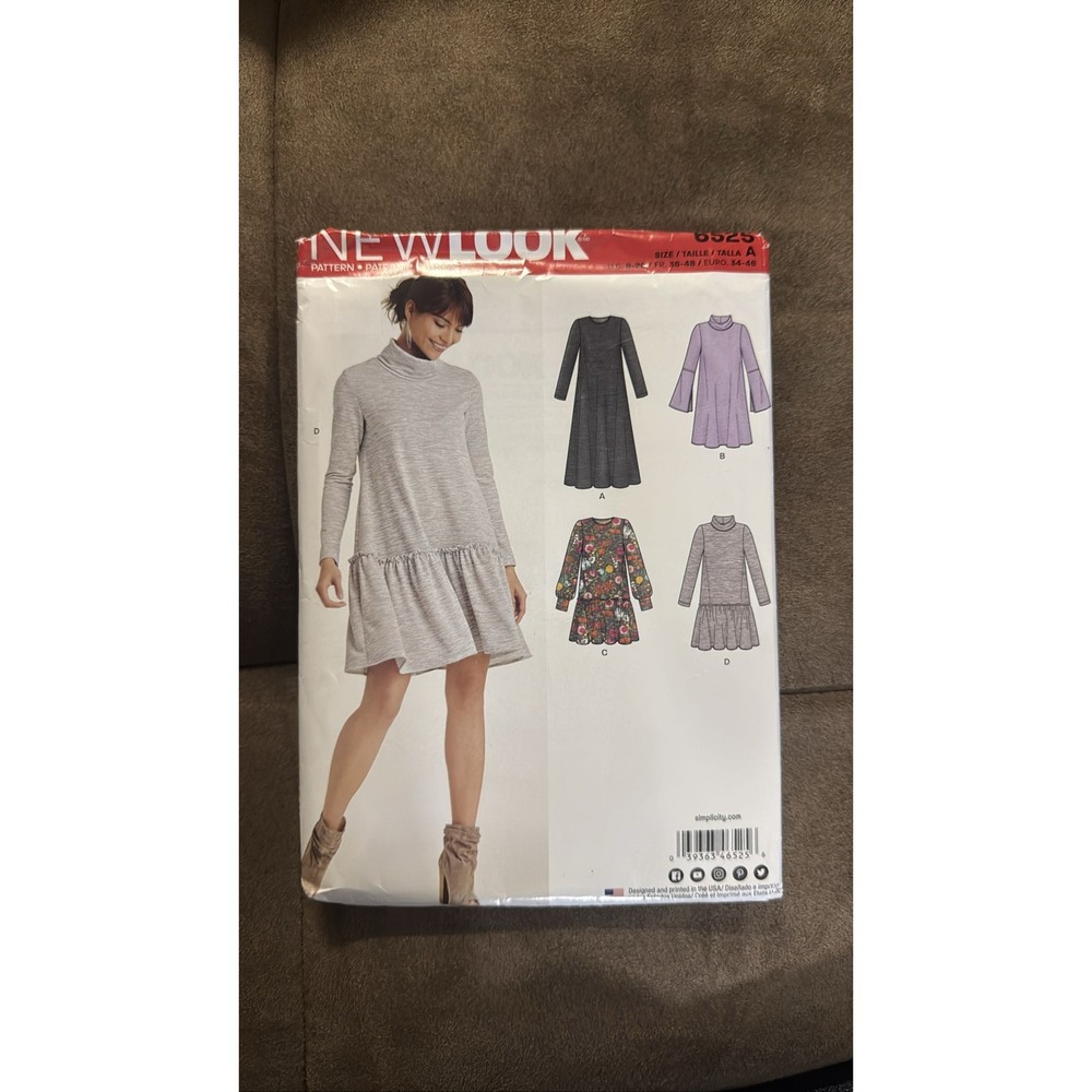 New Look 6525 Misses Knit Dress Sewing Pattern Turtle Neck Sleeve Options 8-20